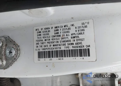 2012 Honda Accord 2.4 Se from USA, damaged, VIN 1HGCP2F63CA169736